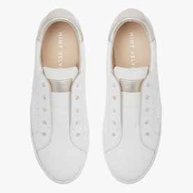 Mint Velvet Leather Trainers in white with gold metallic heel tab, laceless design and white sole, overhead view