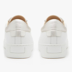 Mint Velvet Leather Trainers in white with metallic silver heel tab, flat white sole, rear view