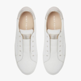 Mint Velvet Leather Trainers in white, slip-on style with silver heel tab and tonal stud details, white outsole, top-down view
