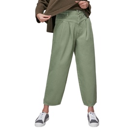 Model wearing Whistles India High-Waist Wide Leg Jeans in green, styled with white canvas trainers and a brown knit top