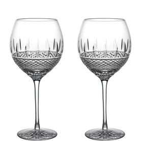 Waterford Irish Lace White Wine Pair, clear crystal with intricate diamond-cut lattice band detailing, set of two balloon glasses