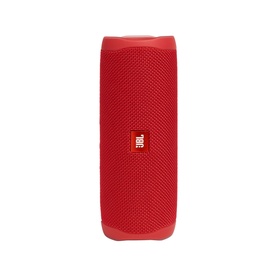 JBL FLIP 5 Portable Bluetooth Speaker in red, upright cylindrical design with textured fabric grille