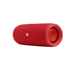 JBL FLIP 5 Portable Bluetooth Speaker in red, cylindrical design with textured fabric body and JBL logo on front