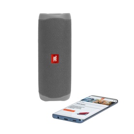 JBL FLIP 5 Portable Bluetooth Speaker in Blue, shown alongside a smartphone displaying the JBL app