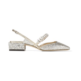 Jimmy Choo Jill 30 Glitter Slingback Pumps in silver with crystal embellished strap, pointed toe, and block heel