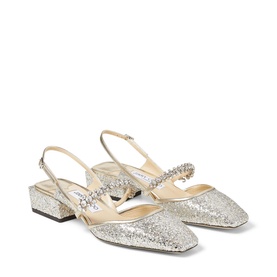Jimmy Choo Jill 30 Glitter Slingback Pumps in silver with crystal-embellished strap, block heel, and pointed toe