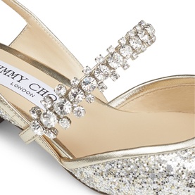Jimmy Choo Jill 30 Glitter Slingback Pumps in silver with crystal embellished double strap detail and low block heel