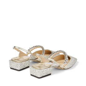 Jimmy Choo Jill 30 Glitter Slingback Pumps in silver with crystal-embellished straps, block heel, and glitter upper, rear view