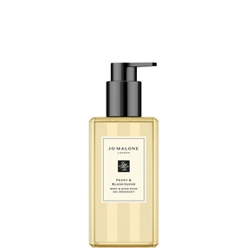 Jo Malone London Peony & Blush Suede Body & Hand Wash 250ml, clear pump bottle with gold stripe label
