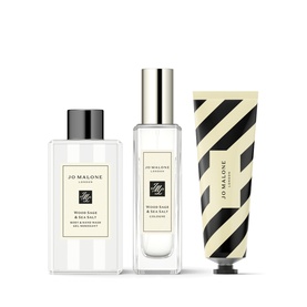 Jo Malone London Wood Sage & Sea Salt three-piece gift set including body wash, cologne, and hand cream with striped packaging