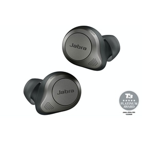 Jabra Elite 85t True Wireless Earbuds in black, shown as a pair with T3 Platinum Award badge