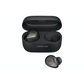 Jabra Elite 85t True Wireless Earbuds in black, shown with open charging case and one earbud placed beside it