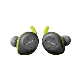 Jabra Elite Sport Earbuds in grey and lime green, true wireless design with ear fins and silicone ear tips