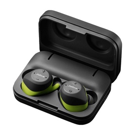 Jabra Elite Sport Earbuds in black and lime green, shown in open charging case, true wireless in-ear design