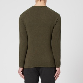 Model wearing Jack & Jones Textured Crew Sweater in khaki, rear view showing long sleeves and crew neckline
