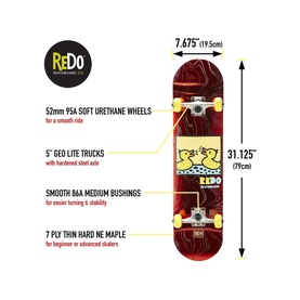 Jakks ReDo Candy Barking Ducks Skateboard, red wood-grain deck with duck graphic, yellow wheels, measuring 31.125 x 7.675 inches