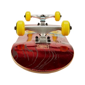 Jakks ReDo Candy Barking Ducks Skateboard, red graphic deck with silver trucks and yellow wheels, viewed from below