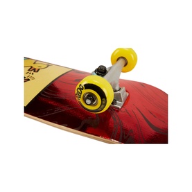 Jakks ReDo Candy Barking Ducks Skateboard, close-up of red deck with yellow wheels and silver trucks