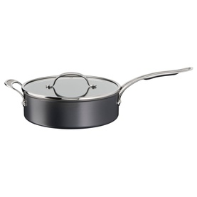 Jamie Oliver Cooks Classic Hard Anodised 26cm Sautepan in grey with glass lid and stainless steel long handle and side grip