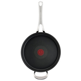 Jamie Oliver Cooks Classic Hard Anodised 26cm Sautepan in grey, overhead view showing red Thermo-Signal indicator and ridged non-stick interior