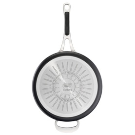 Jamie Oliver Cooks Classic Hard Anodised 26cm Sautepan in grey, overhead view showing ceramic interior and stainless steel handle