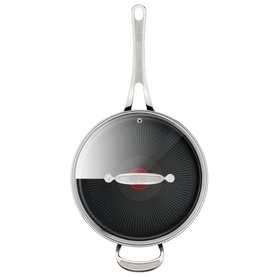 Jamie Oliver Cooks Classic Hard Anodised 26cm Sautepan in grey with glass lid, non-stick interior and stainless steel handle