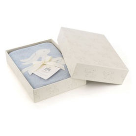 Jellycat Bashful Bunny Blanket in blue, folded in embossed gift box with cream ribbon