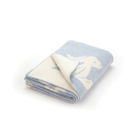 Jellycat Bashful Bunny Blanket in blue, folded to reveal cream bunny jacquard design on reverse
