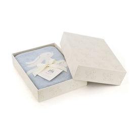 Jellycat Bashful Bunny Blanket in blue, folded in embossed gift box with cream ribbon bow