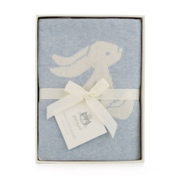 Jellycat Bashful Bunny Blanket in blue, folded in gift box with cream ribbon, featuring embroidered bunny motif