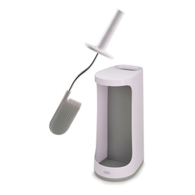 Joseph Joseph Flex Store Toilet Brush with Storage Caddy in grey, showing flexible D-shaped brush head removed from slim white and grey caddy