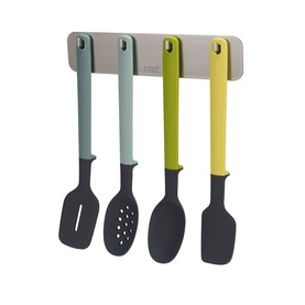 Joseph Joseph Doorstore Utensils 4 Piece Set in grey, featuring slotted turner, skimmer, spoon and spatula on wall-mounted rack