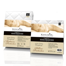 Kaymed & Kingkoil Hotel Pillow Protector Pair, white quilted cotton packaging shown alongside matching Mattress Protector box set