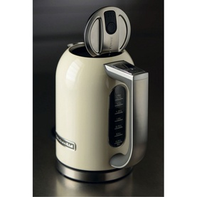KitchenAid 1.7L Kettle in cream with chrome base, open lid, and side temperature display window