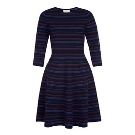 Hobbs Katie Knitted Dress in blue with multicolour stripes, three-quarter sleeves, and a fit-and-flare silhouette