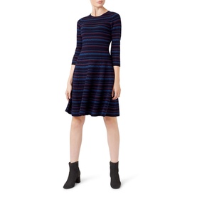 Model wearing Hobbs Katie Knitted Dress in blue with multi-coloured horizontal stripes, three-quarter sleeves and fit-and-flare silhouette