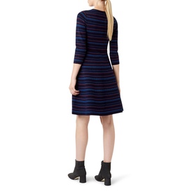 Model wearing Hobbs Katie Knitted Dress in blue with multicolour horizontal stripes, three-quarter sleeves, and A-line skirt