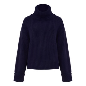 Phase Eight Karine Chunky Roll Neck Sweater in blue, ribbed knit with high roll neck and long sleeves with cuffed hem