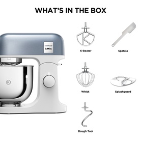 Kenwood kMix Stand Mixer With 5 Litre Bowl in blue, shown with included attachments: K-beater, whisk, dough tool, spatula, and splashguard