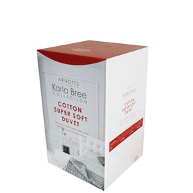 Karla Bree Microfill Supersoft 13.5 Tog Duvet in white box packaging with red branding detail