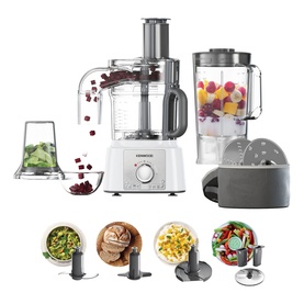 Kenwood MultiPro Food Processor in white with large bowl, blender jug, and additional attachments displayed alongside