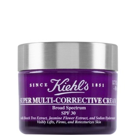 Kiehl's Super Multi-Corrective Cream SPF30 in purple glass jar with silver lid, broad spectrum formula