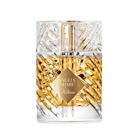 Kilian Paris Angels' Share Eau de Parfum Refillable 100ml, crystal-cut clear bottle with gold diamond label and ribbed gold centre band