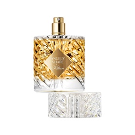 Kilian Paris Angels' Share Eau de Parfum Refillable 100ml in crystal-cut bottle with gold lattice cap, lid placed beside it