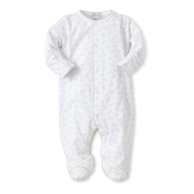 Kissy Kissy EleFun Babygrow in silver, white footed all-in-one with elephant print, long sleeves and snap fastenings