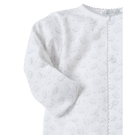 Kissy Kissy EleFun Babygrow in white with silver elephant print, lace trim detail, long sleeves, fold-over cuffs