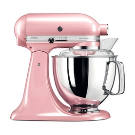 KitchenAid 4.8L Artisan Stand Mixer in pink with stainless steel bowl and pouring shield attachment
