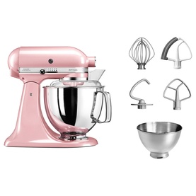 KitchenAid 4.8L Artisan Stand Mixer in pink with stainless steel bowl, wire whisk, dough hook, and flat beater attachments