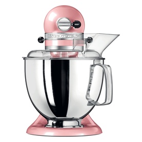 KitchenAid 4.8L Artisan Stand Mixer in pink with polished silver bowl, tilt-head design, and pouring shield attachment