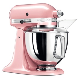 KitchenAid 4.8L Artisan Stand Mixer in pink with polished silver bowl and pouring shield attachment